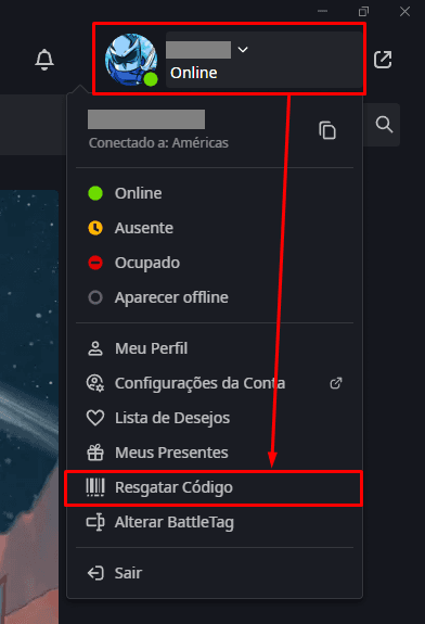 Ícone do perfil do Battle.net com a opção Resgatar código