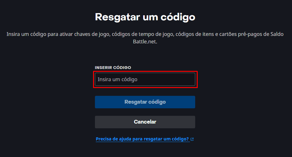 Campo Código do produto preenchido na Battle.net com botão Resgatar código