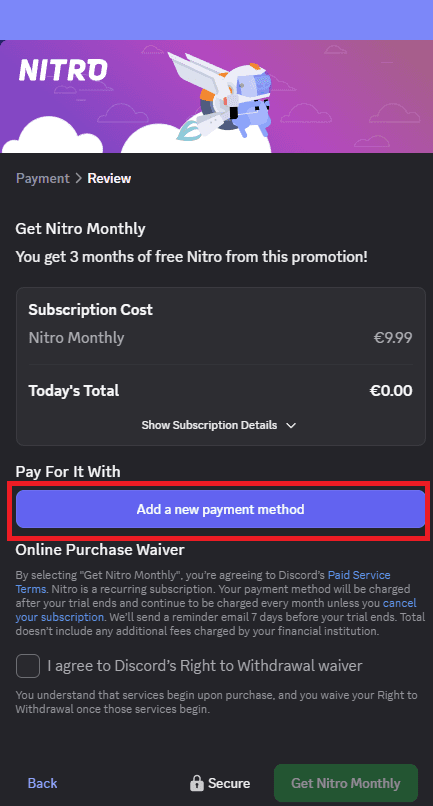 Adicionar método de pagamento