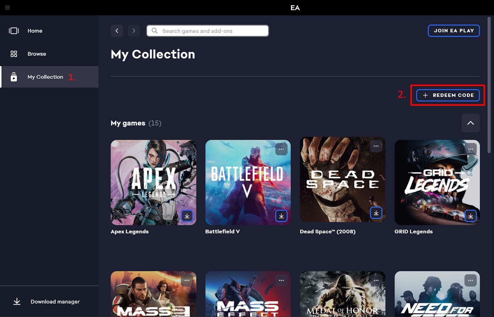 Menu Minha Coleção e Regatar um código destacado no cliente da EA App