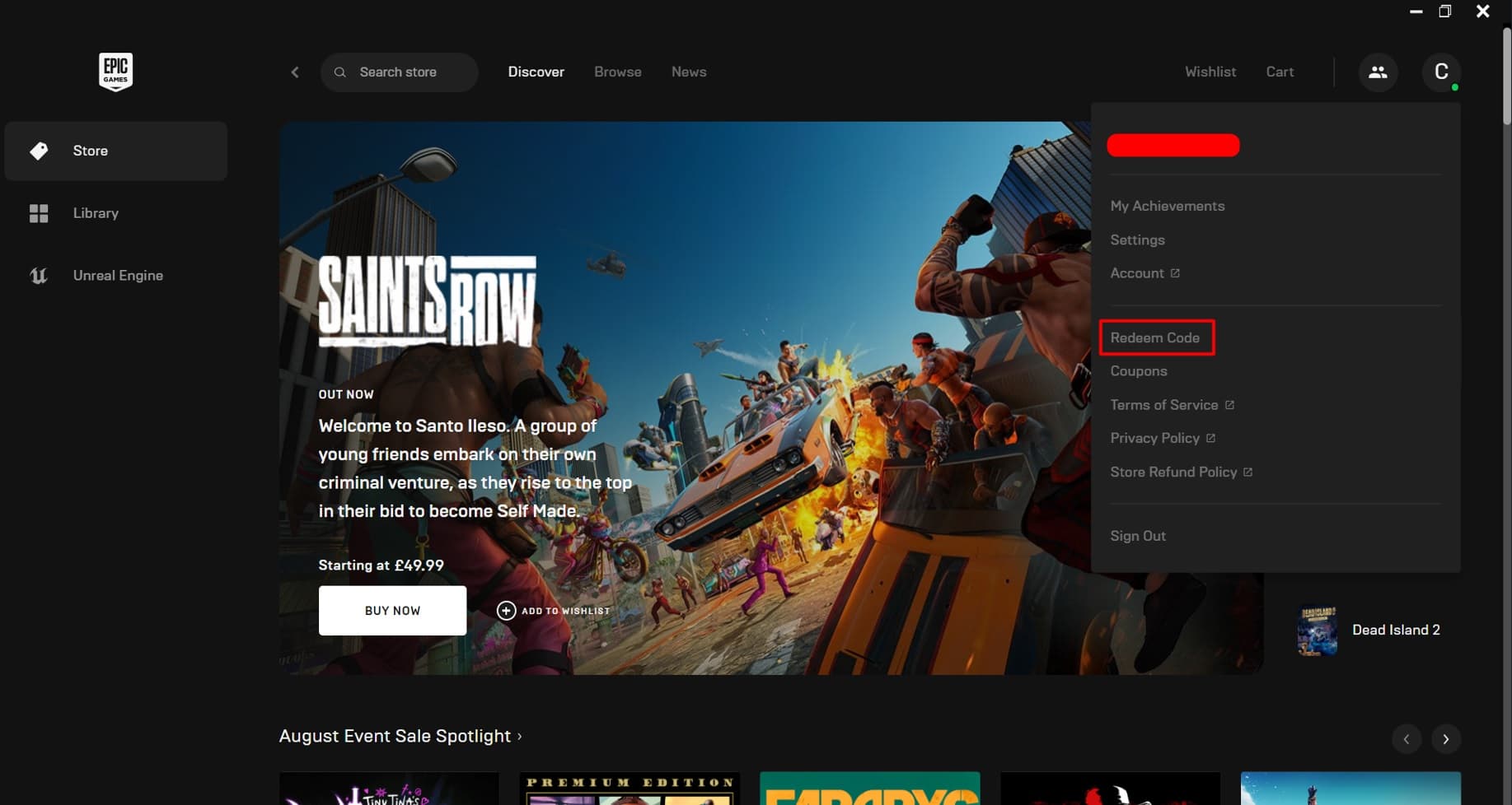 Ícone do perfil no cliente da Epic Games com a opção "Resgatar um código"
