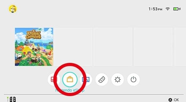 Menu principal do Nintendo Switch com a opção Nintendo eShop