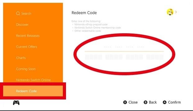 Menu lateral do Nintendo Switch com a aba Resgatar um código
