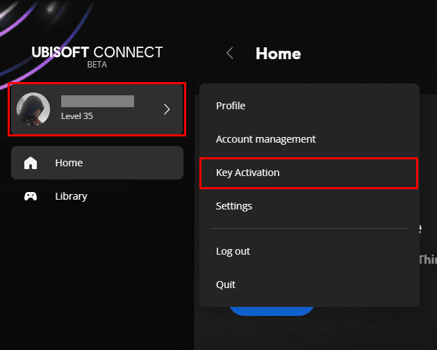 Ícone do perfil no cliente da Ubisoft Connect com a opção "Ativação de Chave"