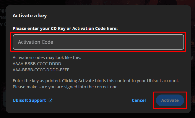 Campo Código do produto preenchido na Ubisoft Connect com botão Ativar