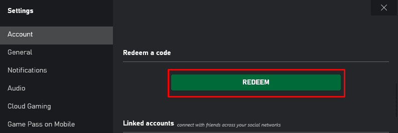 Seção Regatar um código na página de configurações de conta